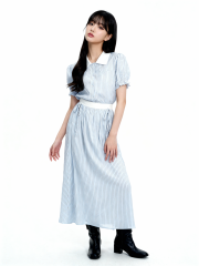 2pcs Set Stripes Top Snd Wide Pocket Long Skirt