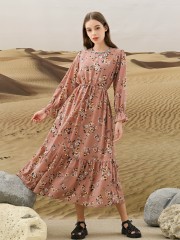 EID4 Flower Print Embellished Collar with Ribbon Belt Dress