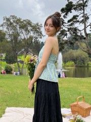 PG Yellow Flower Print Denim Halter Tied Top